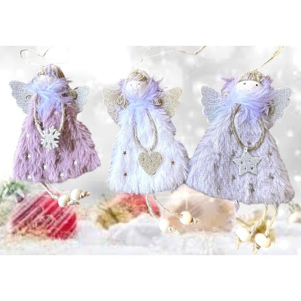 Angel Ornaments Set of 3 New Christmas Decor Stars Hearts Snowflakes Fau…